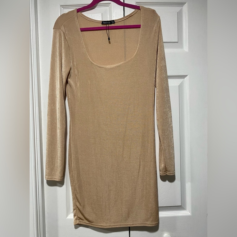 Boohoo sheer champagne gold dress slight sparkle long sleeve size 10 new